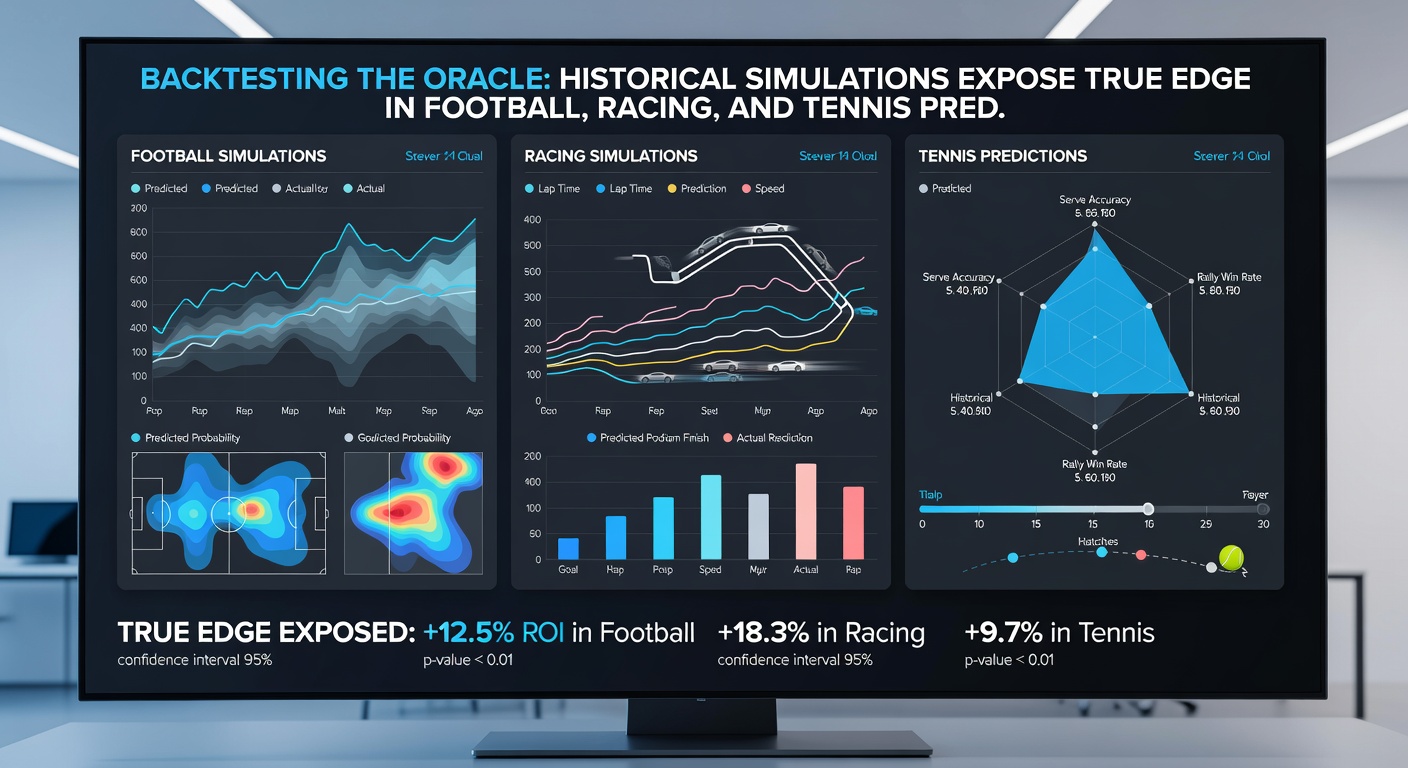 Line chart comparing backtested versus live performance for a tennis tipster, with shaded confidence intervals exposing edge consistency across Grand Slams