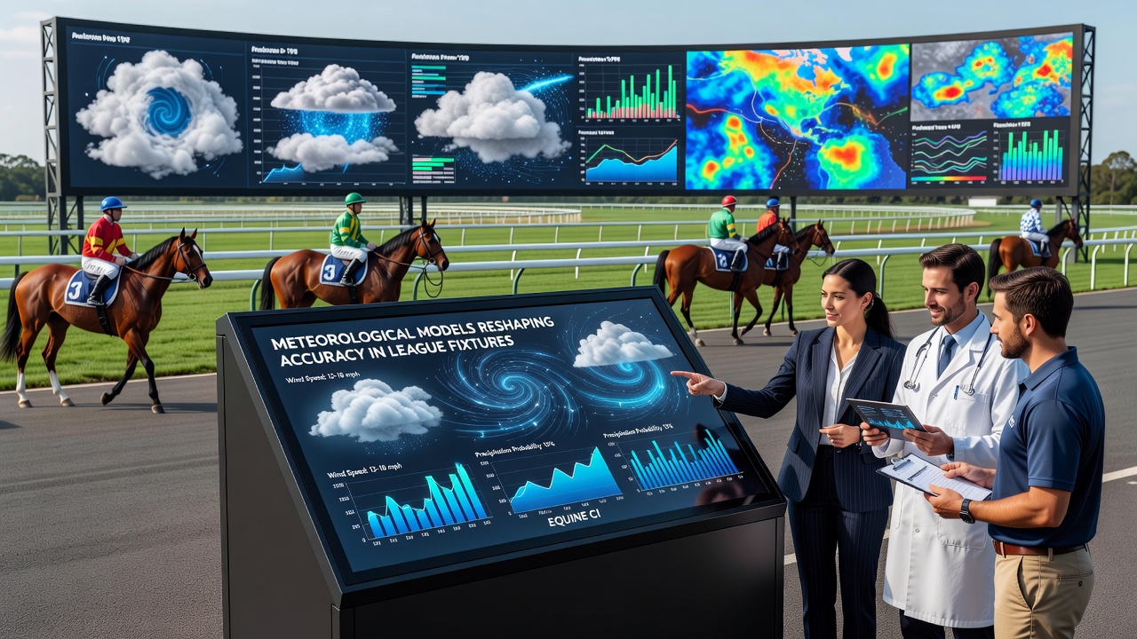 Detailed weather modeling interface showing wind patterns and precipitation forecasts over a racecourse and adjacent training paddocks