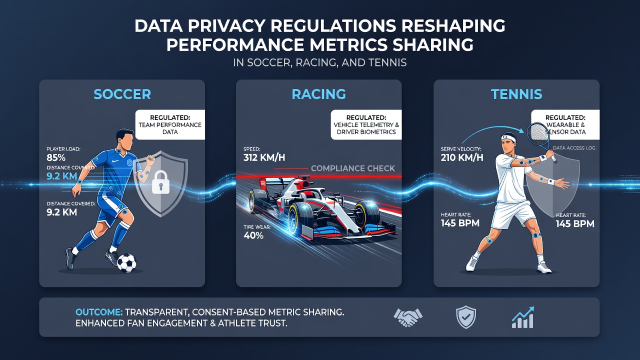 Visual representation of anonymized performance data sharing across soccer, racing, and tennis forecasting platforms