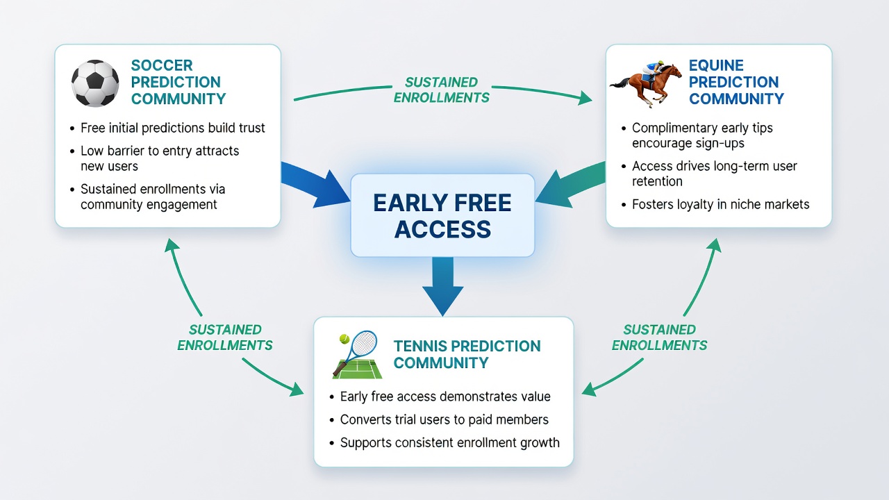 Chart displaying enrollment trends over time for free access users in soccer, equine, and tennis prediction services