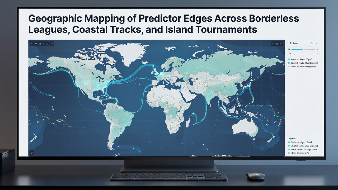 Geographic heat map highlighting predictor edges at coastal racing venues and island tennis locations