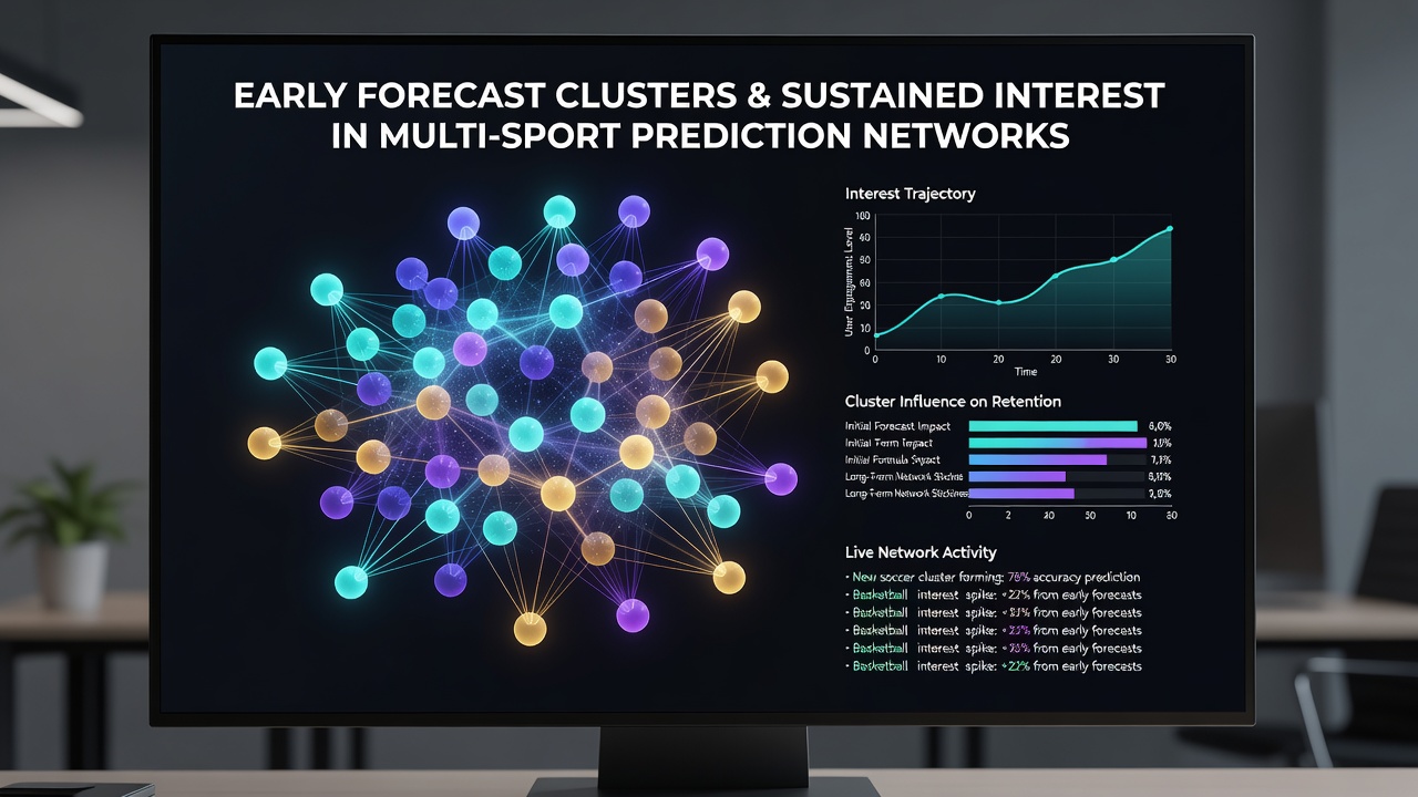 Multi-sport prediction network interface showing sustained user activity linked to early forecast clusters