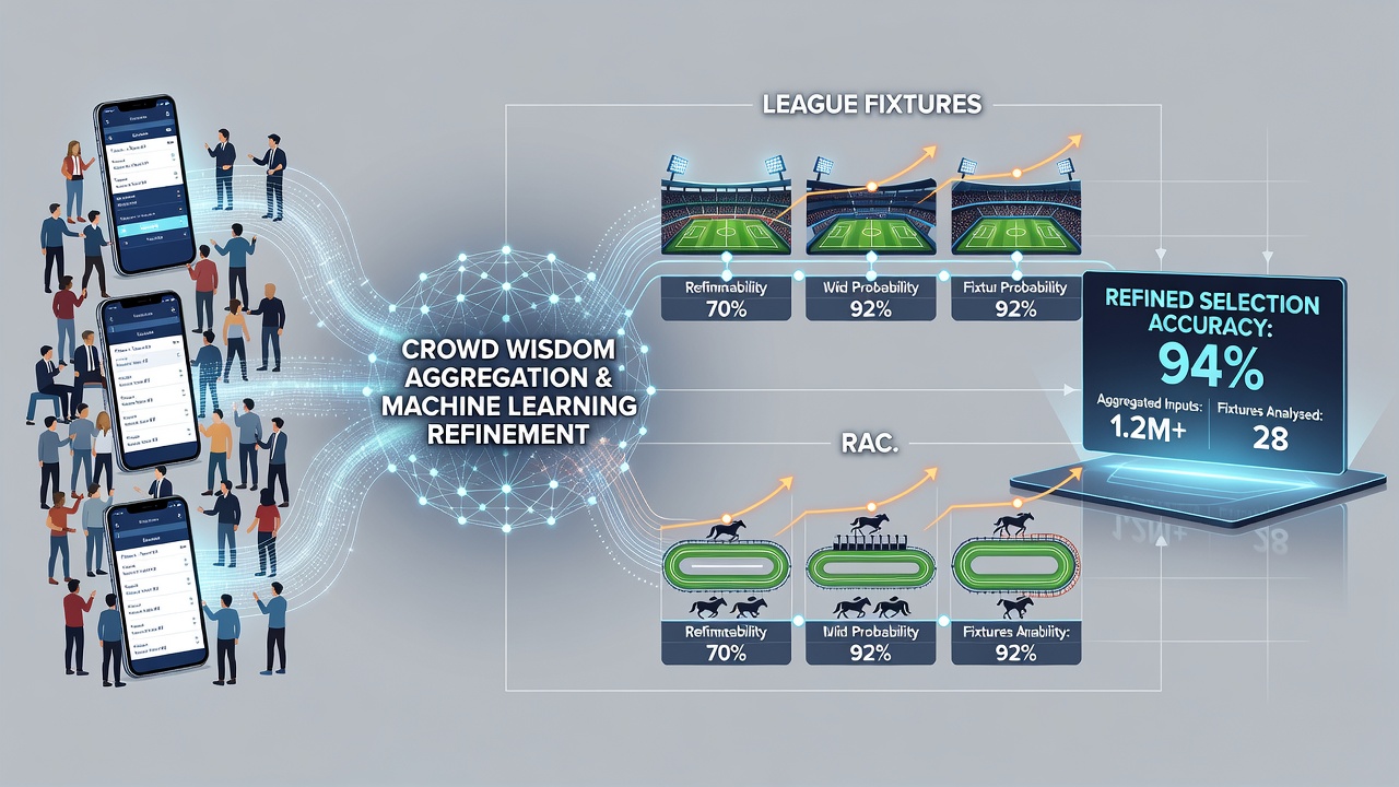 Data visualization showing aggregated crowd predictions for horse racing and tennis events with accuracy metrics