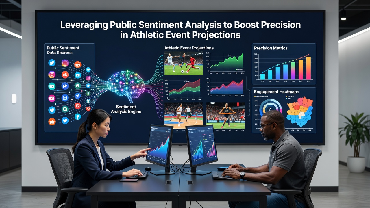 Analysts reviewing sentiment dashboards while updating athletic event forecasts