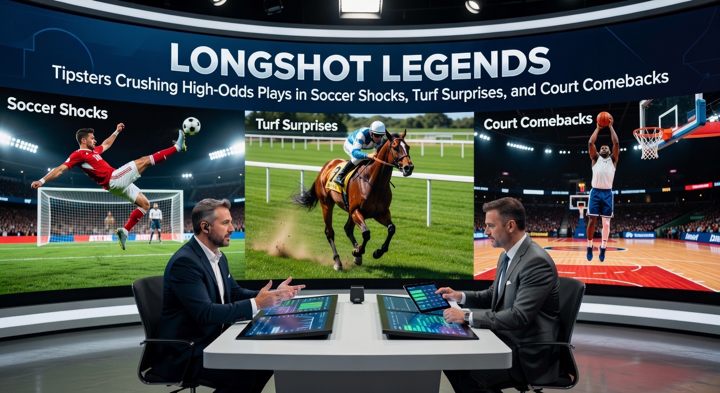 Close-up of a longshot horse crossing the finish line ahead of favorites, with odds board in background showing 50/1 payout