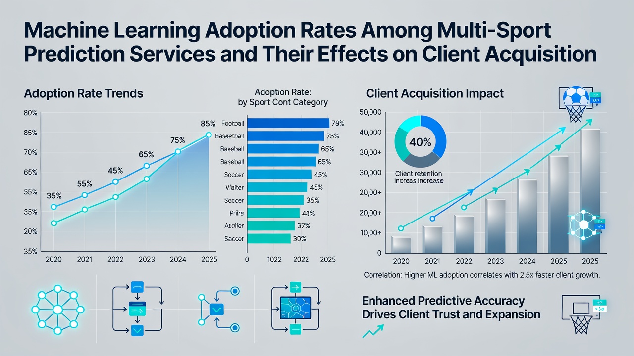Dashboard displaying client acquisition metrics and prediction accuracy trends for football, racing, and tennis services