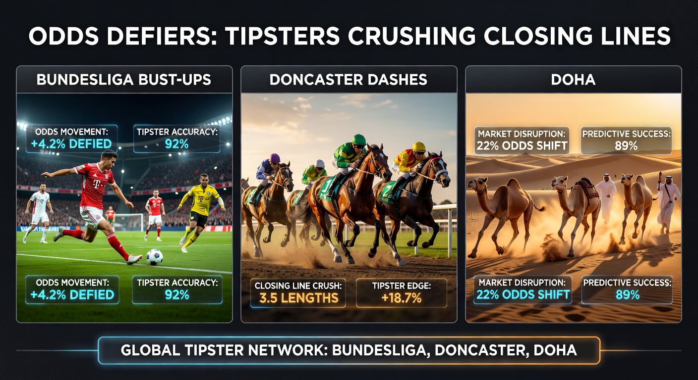 Collage of Bundesliga action shots, Doncaster racecourse dashes, and Doha tennis courts, with overlaid CLV charts for top tipsters