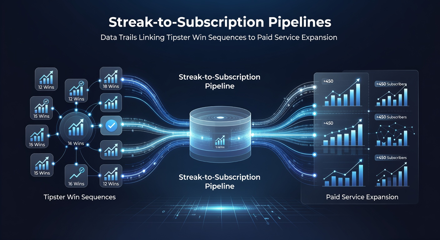 Infographic depicting a funnel from free tip wins to paid subscriptions, with metrics on conversion rates and retention by sport