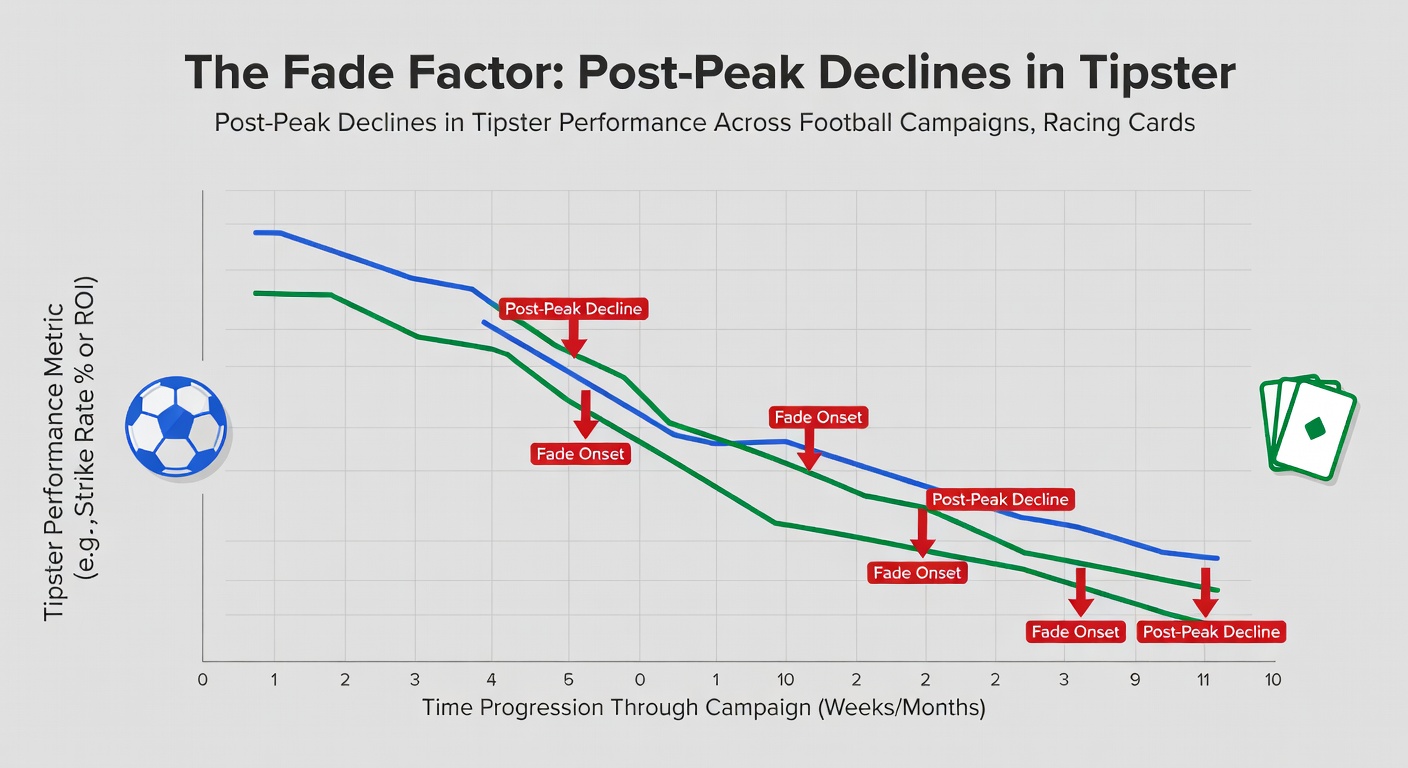 Bar chart comparing post-peak yield declines for tipsters in football leagues, horse racing cards, and tennis ATP draws over 12-month periods