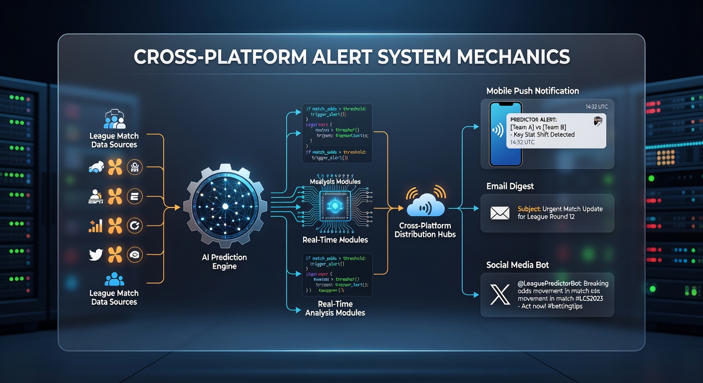 Technical diagram illustrating data flow between sports APIs, alert engines, and user devices across football, racing, and tennis platforms
