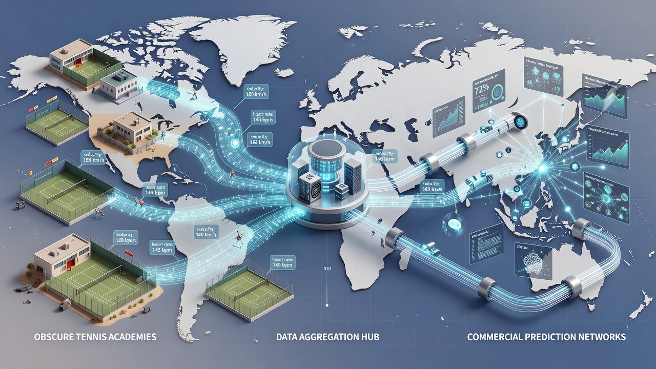Global network diagram showing data flow from tennis academies to prediction platforms