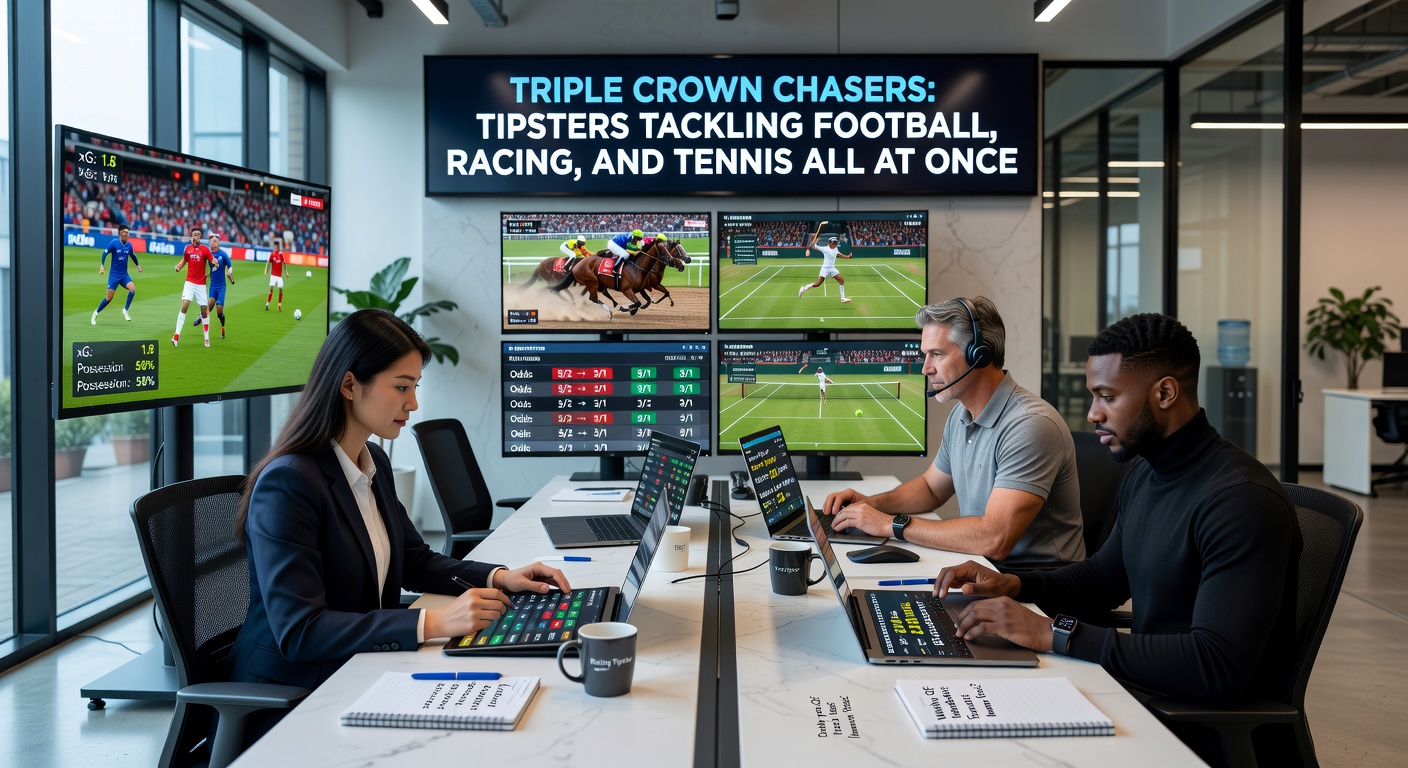 Charts displaying profit lines for tipsters across football, racing, and tennis over a season, showing peaks and synergies